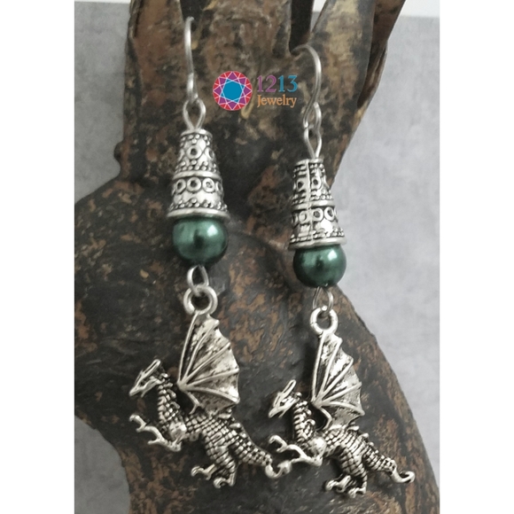 Handcreated Dragon Earrings on Stainless Steel Ear Wires with Green Accents - Picture 3 of 11